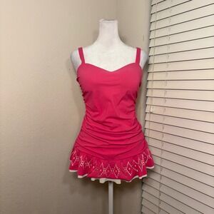 Profile by Gottex bright pink and cream ruched retro swim dress with ruffle